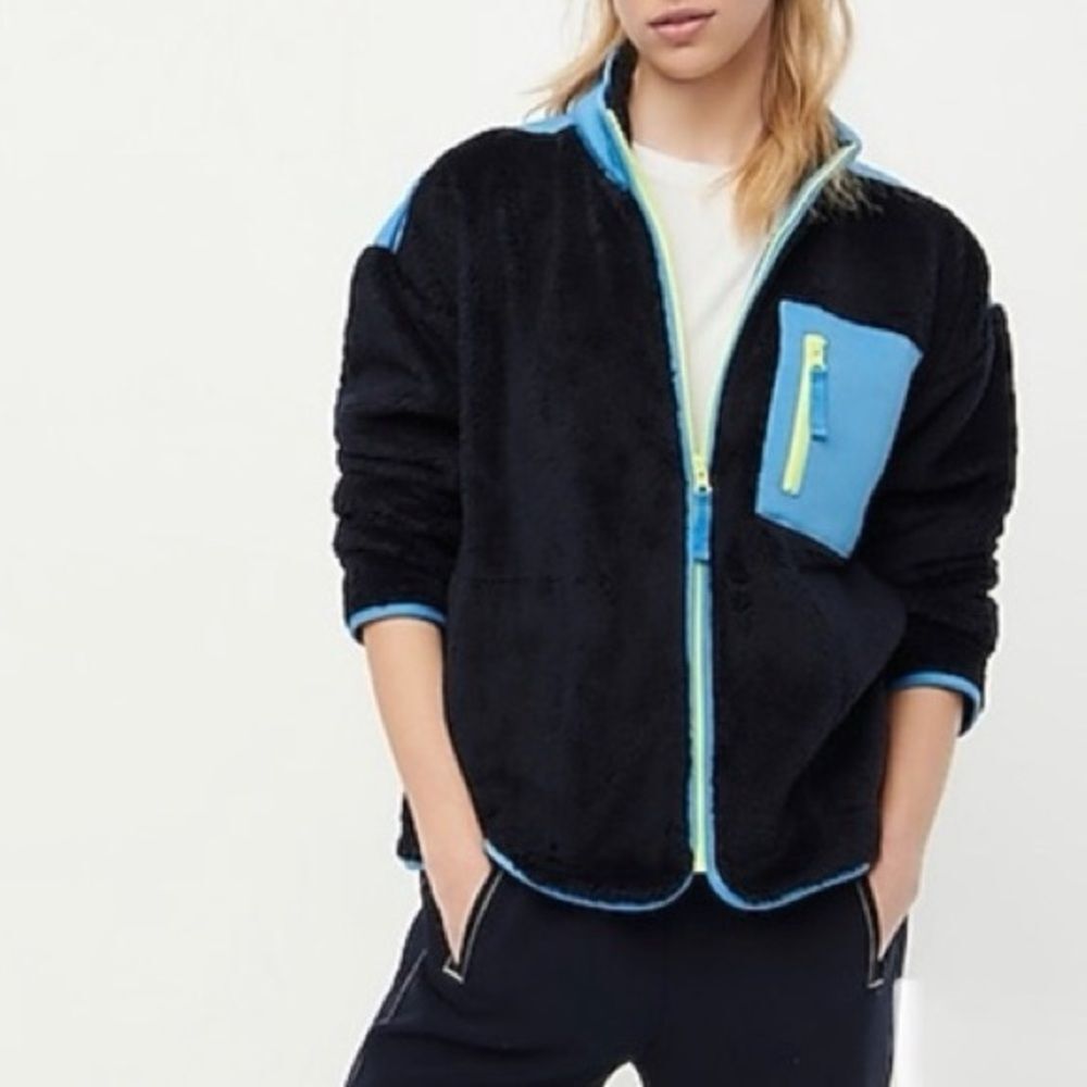 NWT J Crew Super Plush Sherpa Full Zip Fleece Jacket Navy Size L